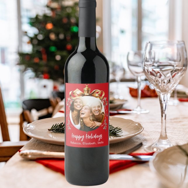 Christmas red gold bauble friends photo party wine label (Creator Uploaded)