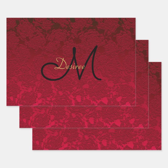 Christmas Red Gold Black Winter Monogram Wrapping Paper Sheets (Set)