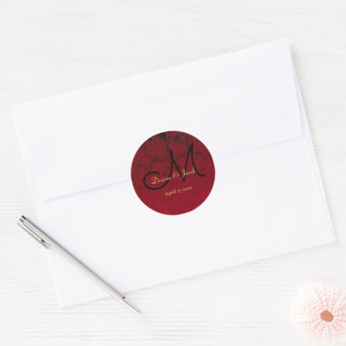 Christmas Red Gold Black Winter Wedding Monogram Classic Round Sticker