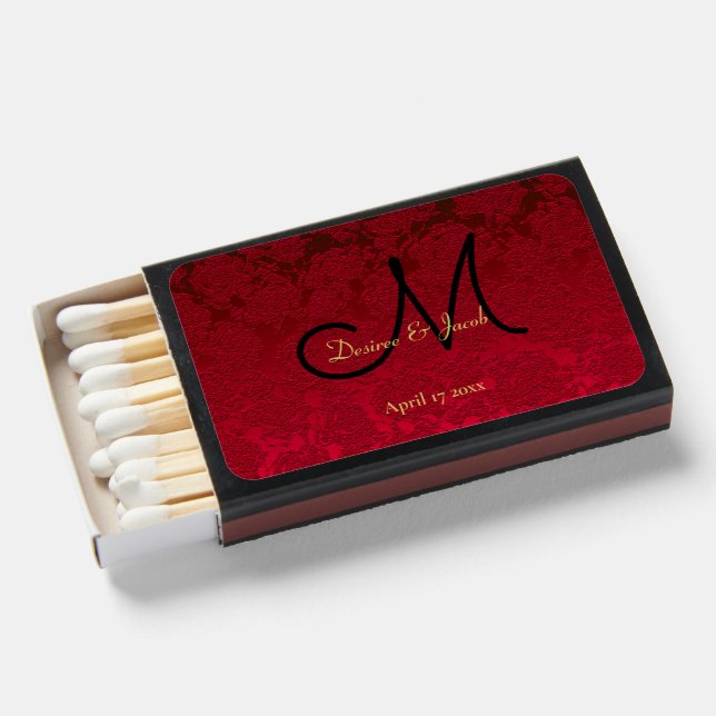 Christmas Red Gold Black Winter Wedding Monogram Matchboxes (Front Open)