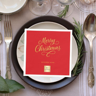 Christmas red gold business logo napkins
