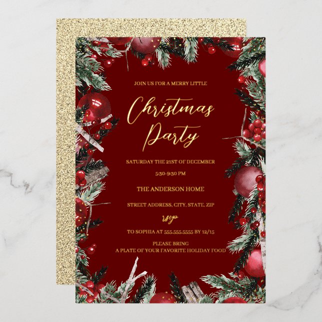 Christmas Red Gold Festive Foliage Wreath Party Foil Invitation (Front/Back)