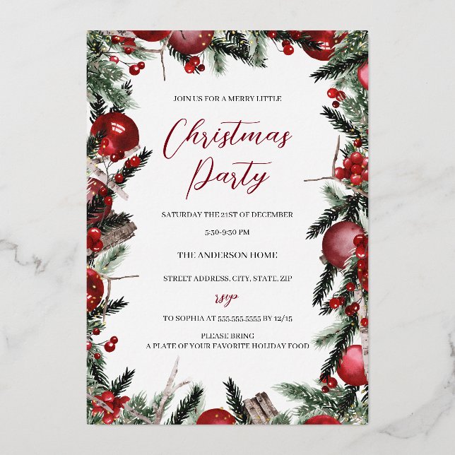Christmas Red Gold Festive Foliage Wreath Party  Foil Invitation (Front)