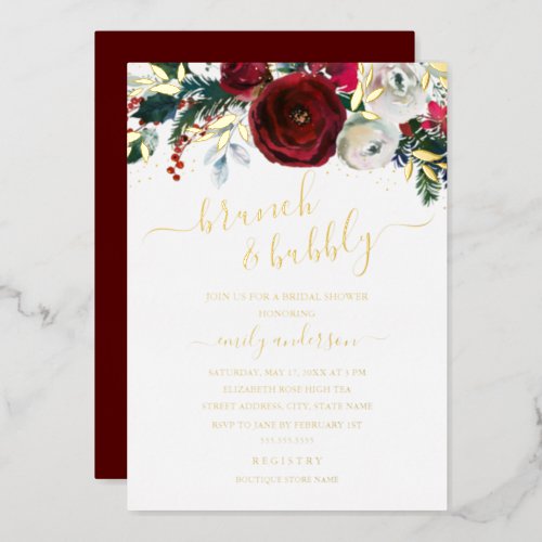 Christmas Red Gold Floral Brunch And Bubbly  Foil Invitation