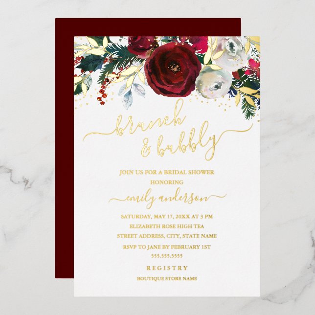 Christmas Red Gold Floral Brunch And Bubbly  Foil Invitation (Front/Back)