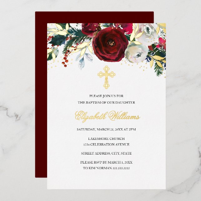 Christmas Red Gold Floral Girl Baptism Foil Invitation (Front/Back)