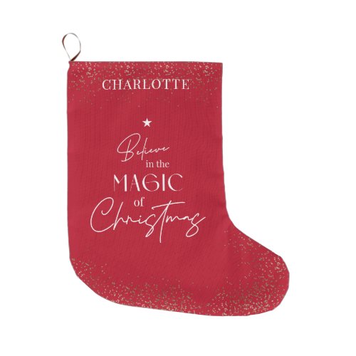 Christmas Red  Gold Glitter Modern Script Name Large Christmas Stocking