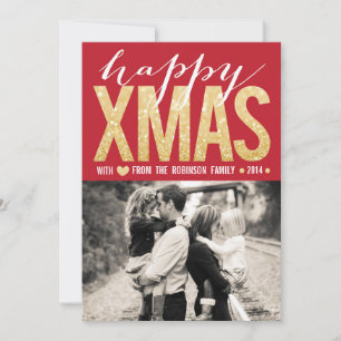 Christmas Red Gold Glitter Photo Flat Card