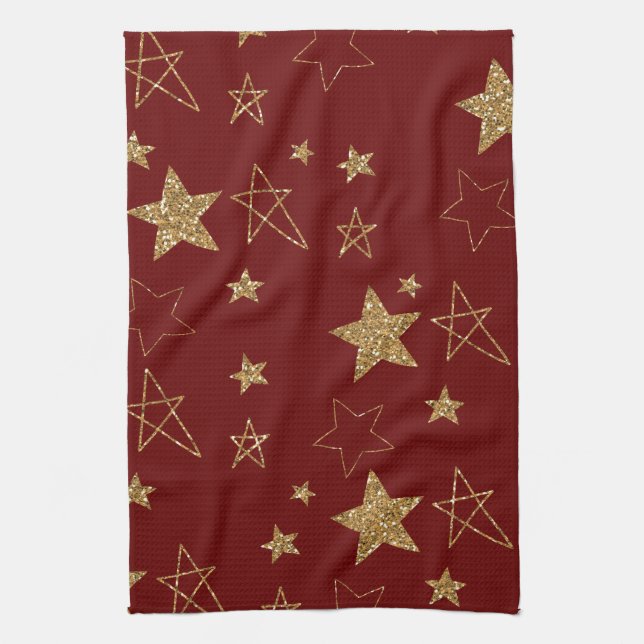 Christmas Red Gold Glitter Stars Kitchen Towel (Vertical)