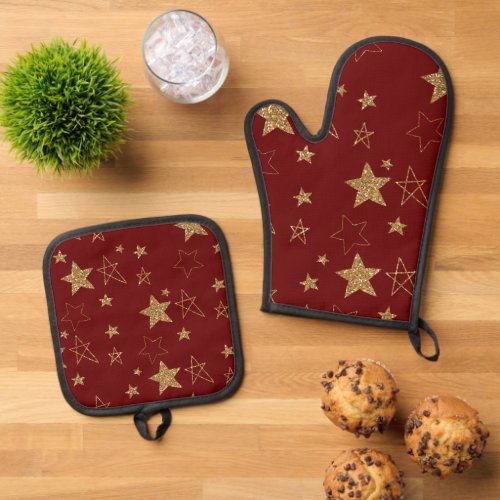 Christmas Red Gold Glitter Stars Oven Mitt  Pot Holder Set