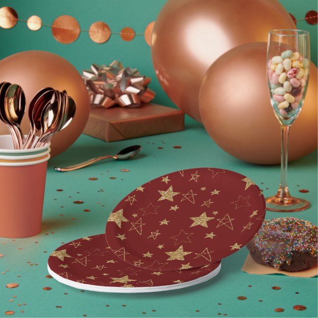 Christmas Red Gold Glitter Stars Paper Plates (Multi)