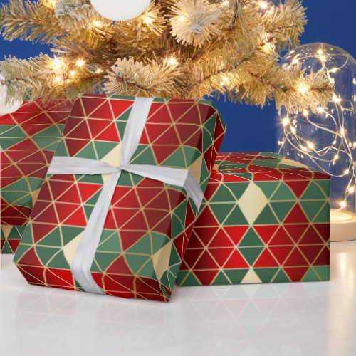 Christmas Red Gold Green Geometric Pattern Wrapping Paper