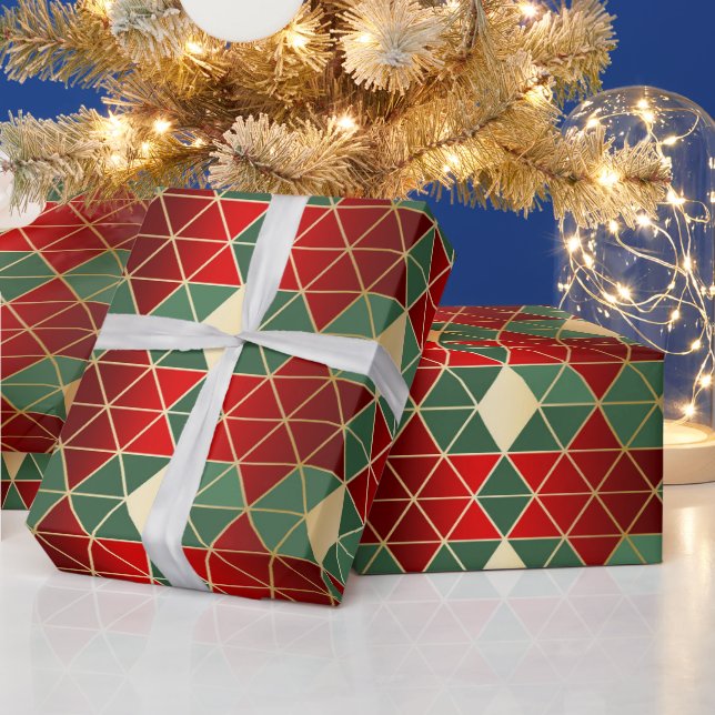 Christmas Red Gold Green Geometric Pattern Wrapping Paper (Holidays)