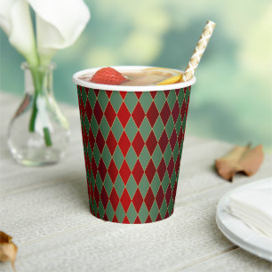 Christmas Red Gold Green Harlequin Paper Cups