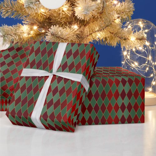 Christmas Red Gold Green Harlequin Wrapping Paper