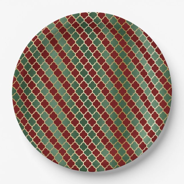 Christmas Red Gold Green Quatrefoil Paper Plates (Front)