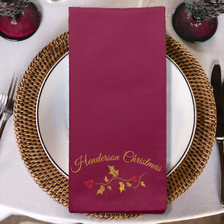 Christmas red gold holly and berries cloth napkin