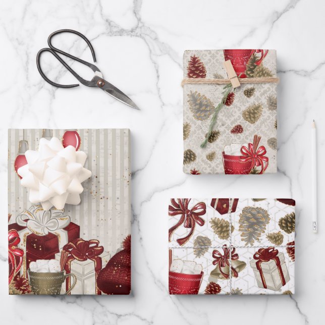 Christmas red gold luxury Hot Chocolate Pattern Wrapping Paper Sheets (Front)