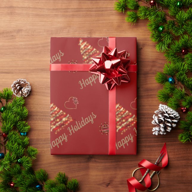 Christmas Red & Gold Modern Tree & Heart w/Flower  Wrapping Paper (Holiday Gift)