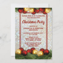 Christmas Red Gold Ornaments  Silver Glitter Party Invitation