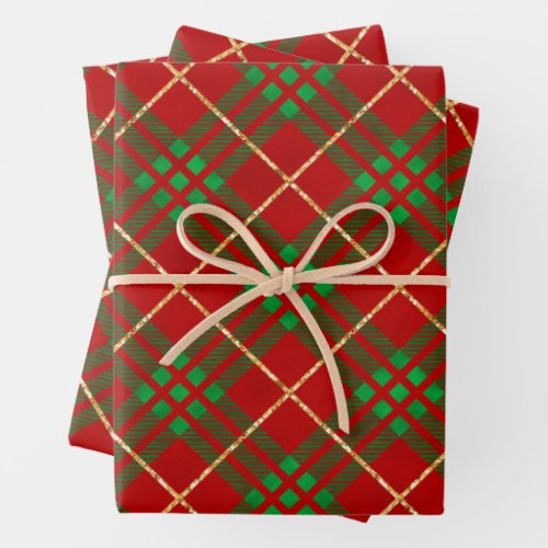 Christmas Red Gold Plaid Wrapping Paper Sheets