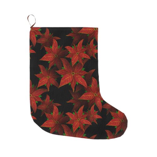 Christmas Red Gold Poinsettia Watercolor Large Christmas Stocking