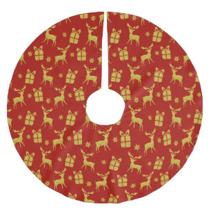 Christmas Red Gold Reindeer Xmas Present Snowflake Brushed Polyester Tree Skirt