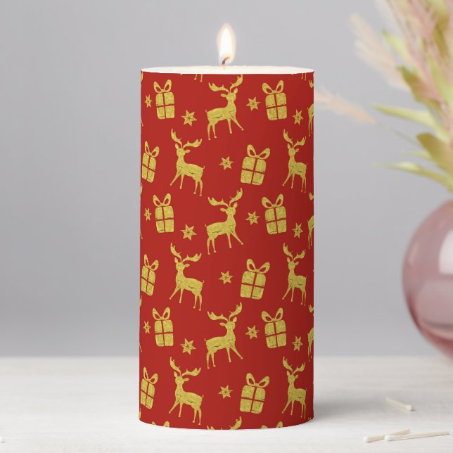 Christmas Red Gold Reindeer Xmas Present Snowflake Pillar Candle (In Situ)
