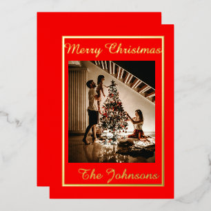 Christmas Red & Gold Simple Modern Photo  Foil Holiday Card