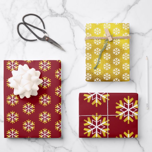 Christmas Red Gold Snowflake Pattern Bold Modern  Wrapping Paper Sheets (Front)