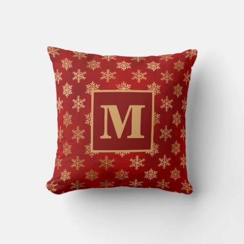 Christmas Red Gold Snowflakes Holiday Monogram Throw Pillow