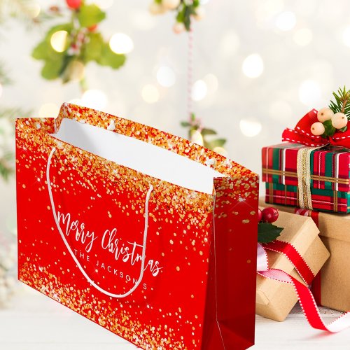 Christmas red gold sparkles name large gift bag