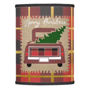 Christmas Red Gold Tartan Burlap Vintage Truck Lamp Shade