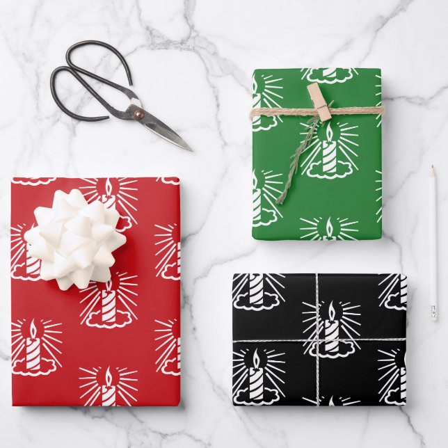 Christmas red green black white candles pattern wrapping paper sheets (Front)
