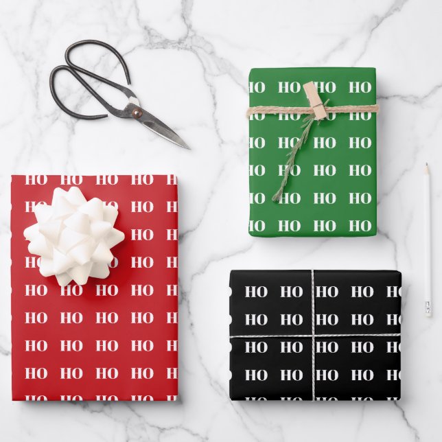 Christmas red green black white Ho Ho Ho pattern Wrapping Paper Sheets (Front)
