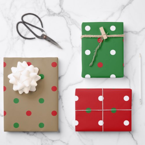 Christmas red green brown kraft polka dots pattern wrapping paper sheets