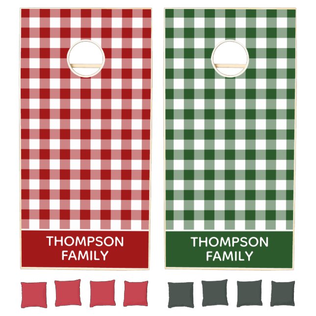 Christmas Red Green Buffalo Check Family Name Cornhole Set (Set)