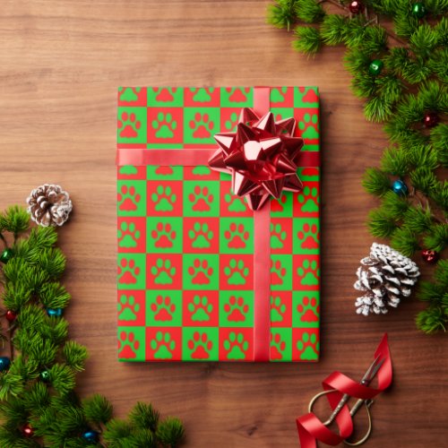 Christmas Red Green Checkered Paw Prints Pattern Wrapping Paper