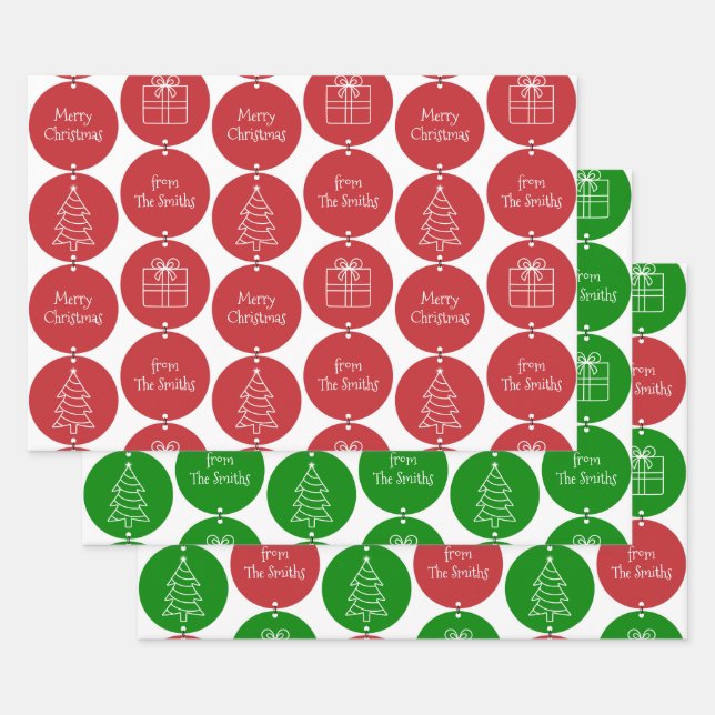 Christmas Red Green Circles Custom Family Name Wrapping Paper Sheets (Set)