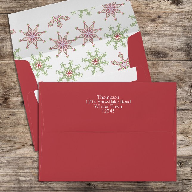 Christmas Red Green Colorful Cute Snowflakes  Envelope (Christmas holiday red and green envelope with return address on the envelope. )