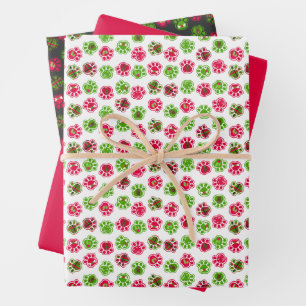 Christmas Red Green Dog Paw & Holiday Icons  Wrapping Paper Sheets