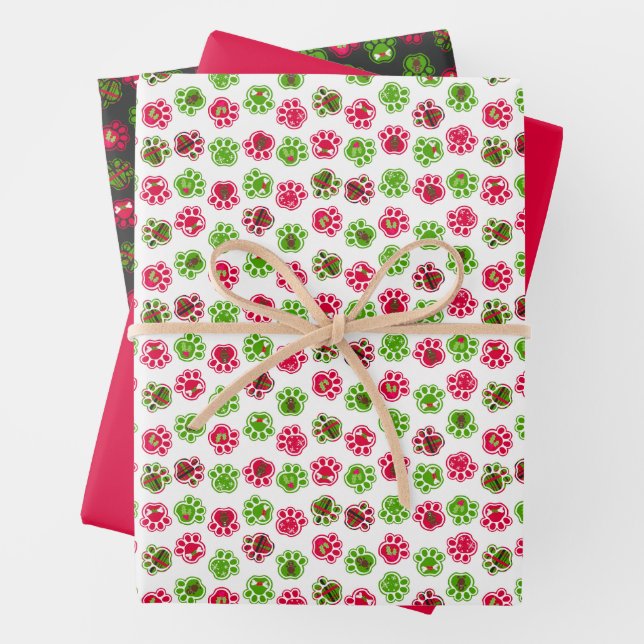 Christmas Red Green Dog Paw & Holiday Icons  Wrapping Paper Sheets (In situ)