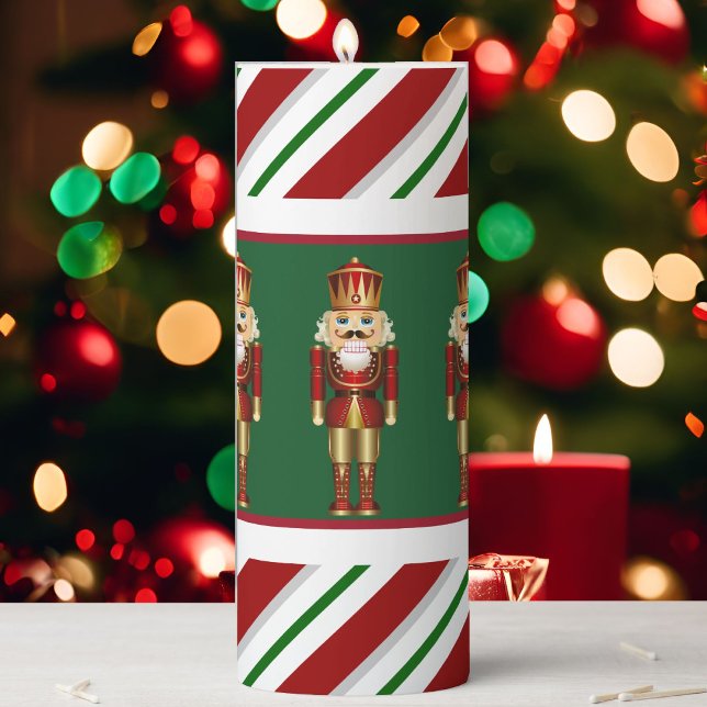 Christmas Red Green Festive Nutcrackers Stripe Pillar Candle (Creator Uploaded)