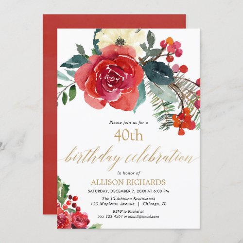Christmas red green floral holly berries birthday invitation