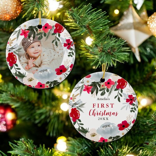 Christmas Red Green floral photo first Christmas  Ceramic Ornament