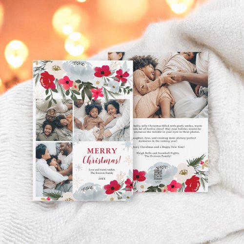 Christmas Red Green floral snowflake 4 photos Holiday Card