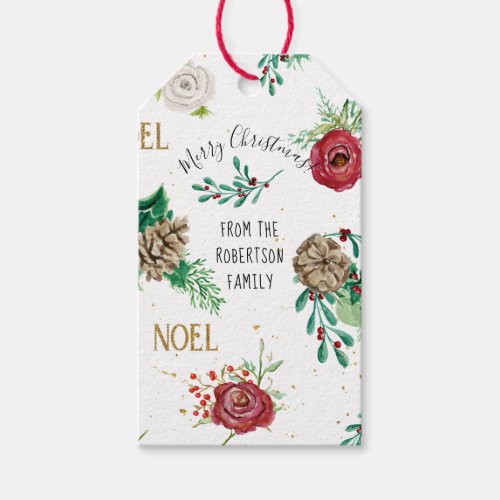 Christmas Red Green Floral Watercolor Family Name Gift Tags