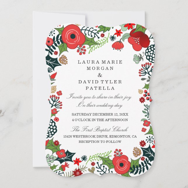 Christmas Red & Green Floral Wedding Invitations (Front)