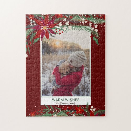 Christmas red green floral wreath snow photo jigsaw puzzle