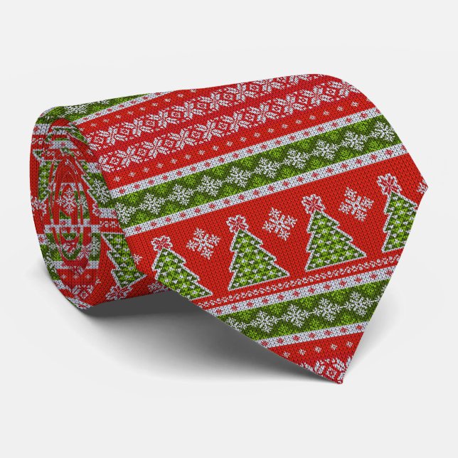 Christmas Red Green Geometric Pattern Holidays Neck Tie (Rolled)